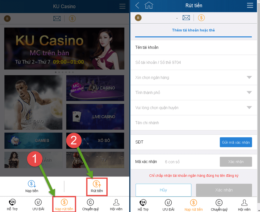 Rút tiền trên mobile